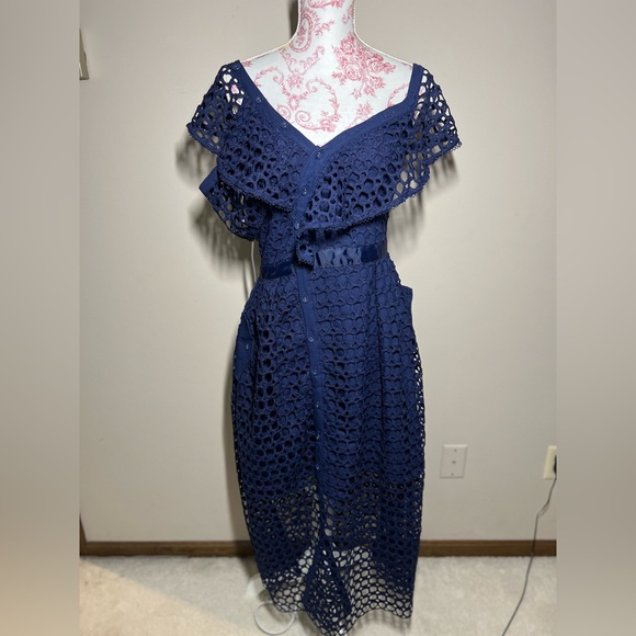 NWT LUXE Self Portrait Replica Navy One Shoulder Guipure Lace Midi Dress sz 8 - Picture 6 of 14